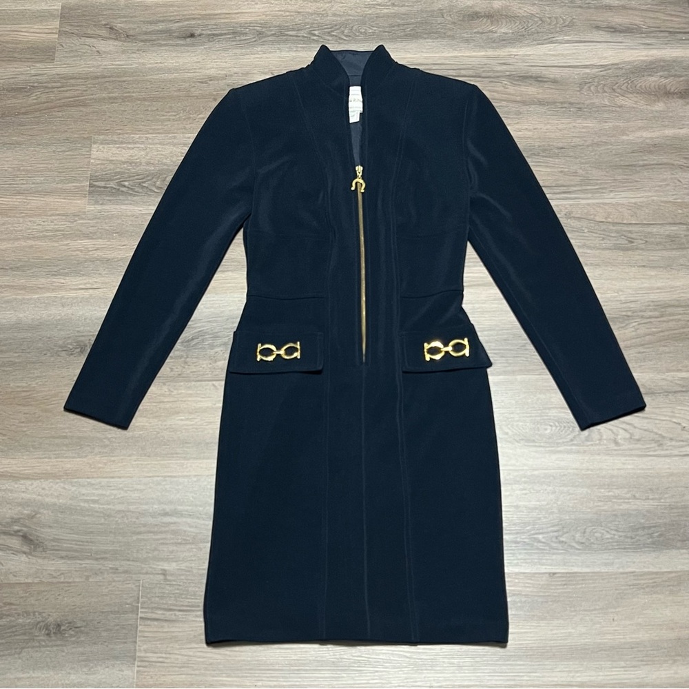 Joesph Ribkoff Creations 4 Blue Dress Suit Horsebit Gold Hardware Equestrian Zip